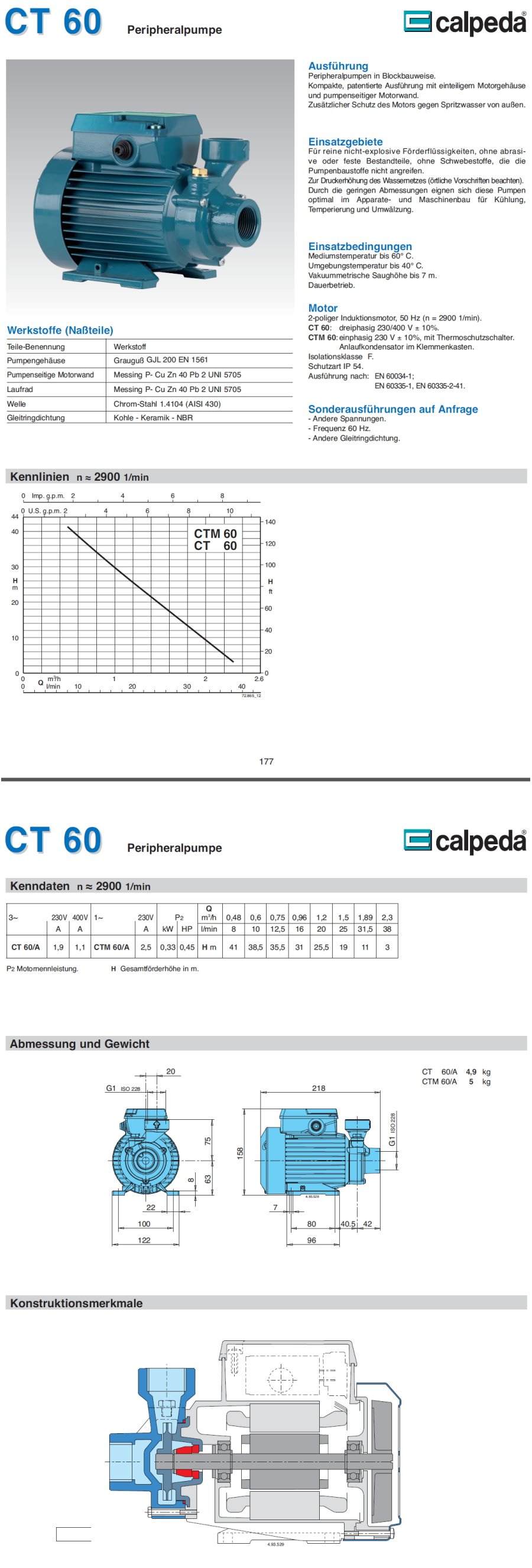 Peripheralpumpe CALPEDA CT60m 0,33kW Einzelphase 230V 50Hz CTM Wasserpumpe