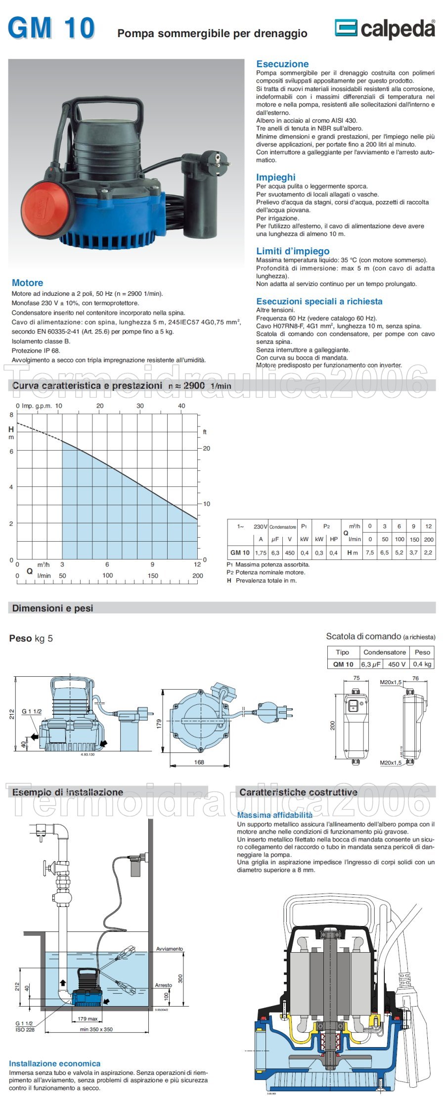 Calpeda pompa sommergibile GM10 drenaggio Acqua Sporca GM10 0,3kW 0,4Hp 230V Calpeda 
